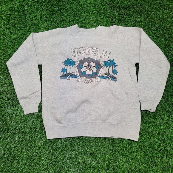 VTG 80s Hawaii Sweatshirt Mens S Raglan Sleeve Cracked Graphic Surf - Picture 1 of 5